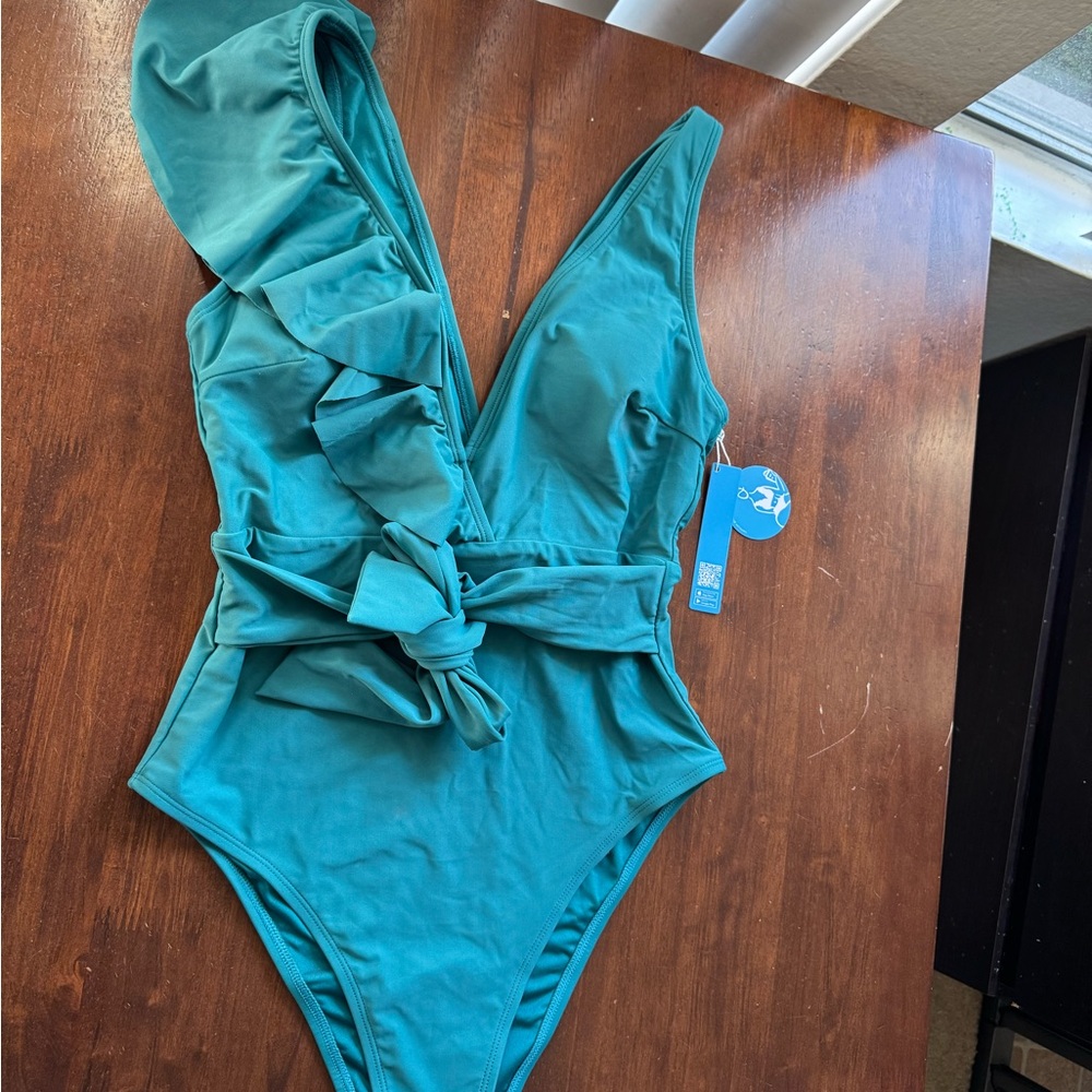 Teal Ruffle Swimsuit - Picture 2 of 3